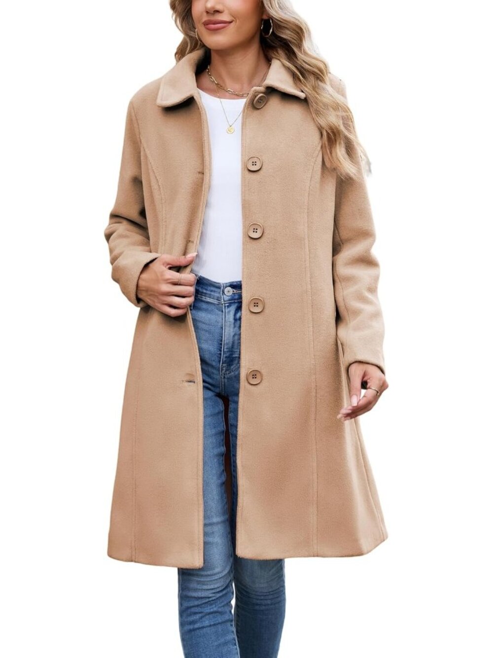 Women's Camel Winter Wool Blend Down Collar Overcoat Single Breasted Pea Coat